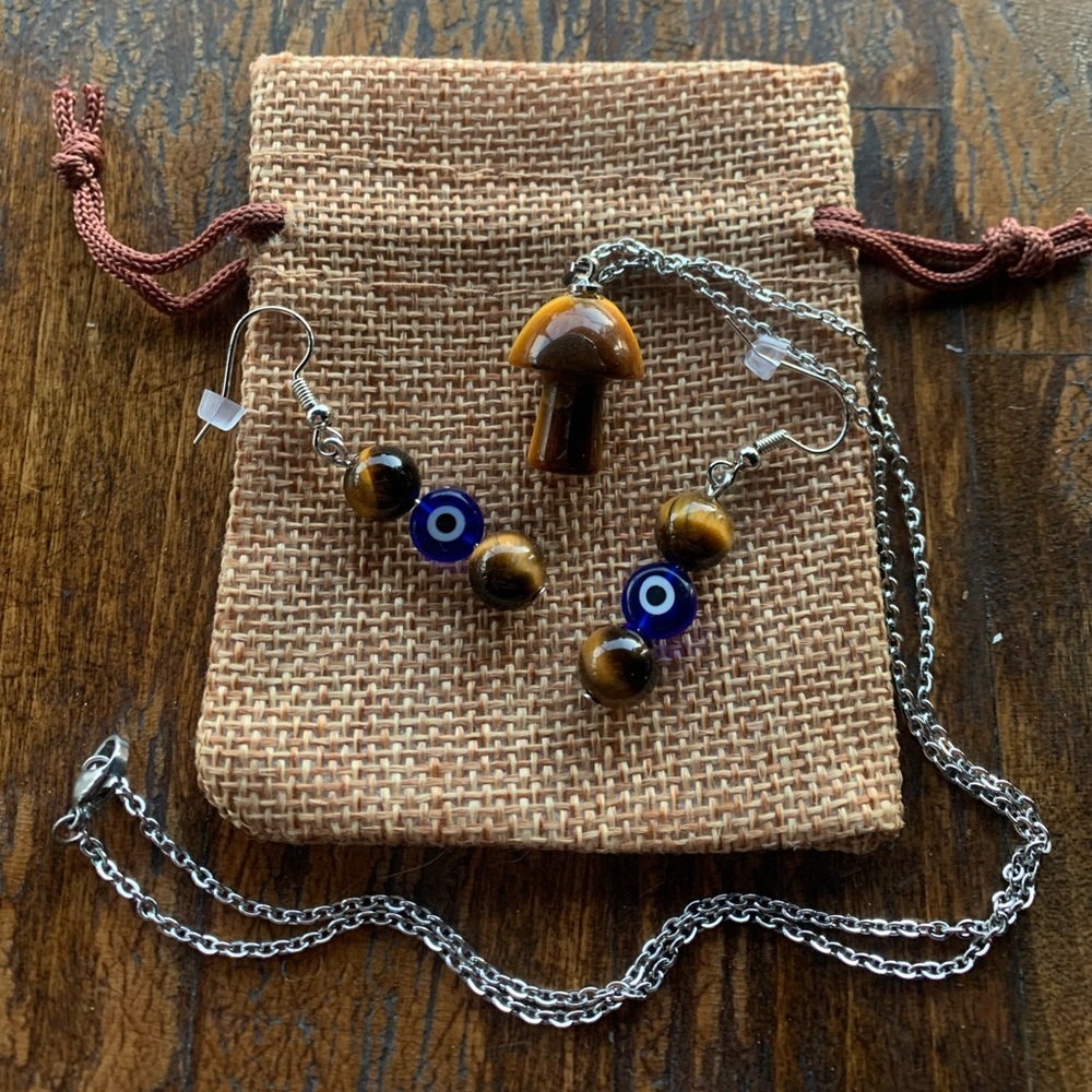Tigers Eye Mushroom Necklace Crystal Mushroom Necklace Tigers Eye Earrings